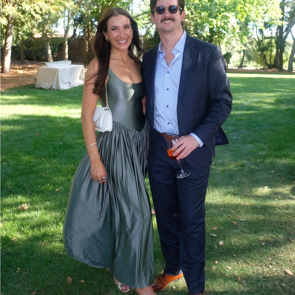 Delfi Collective Anthropologie Elegant Green Stretch Satin Wedding Guest Gown XS